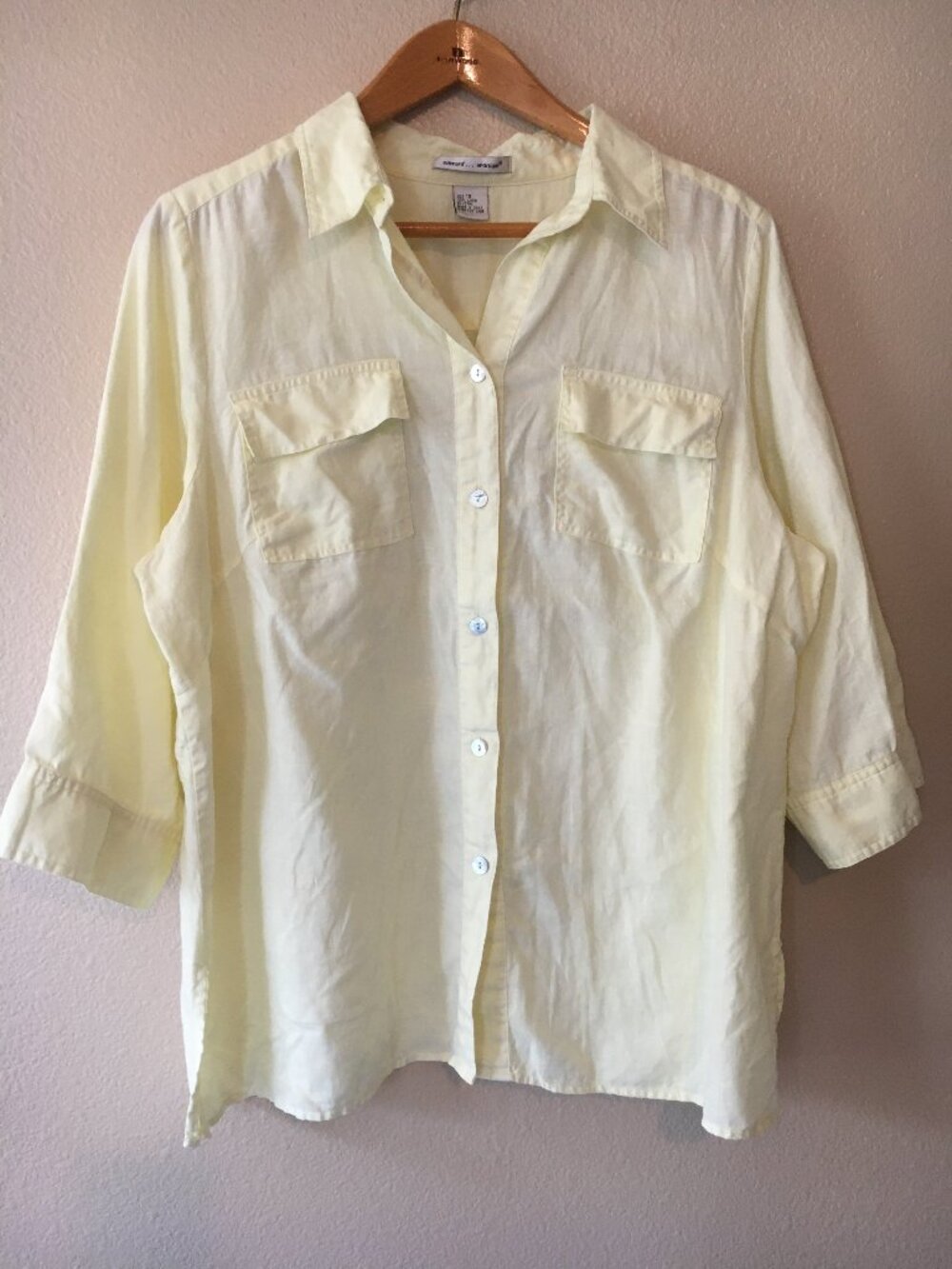 Edward Linen Blouse Yellow 1X Lagenlook Beachy Button Coastal Collared